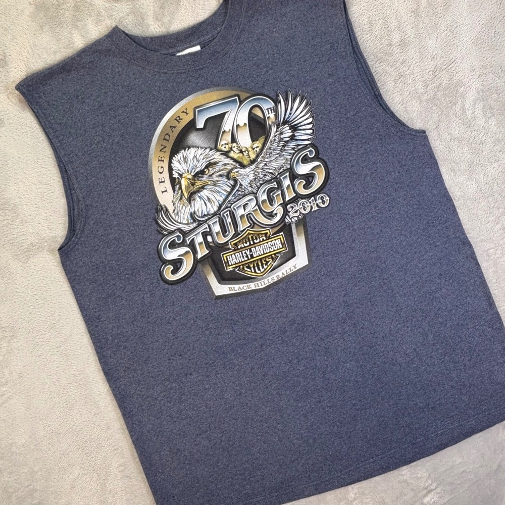 Harley-Davidson Mens XL Sleeveless Sturgis Tee Blue Eagle Black Hills Rally 2010